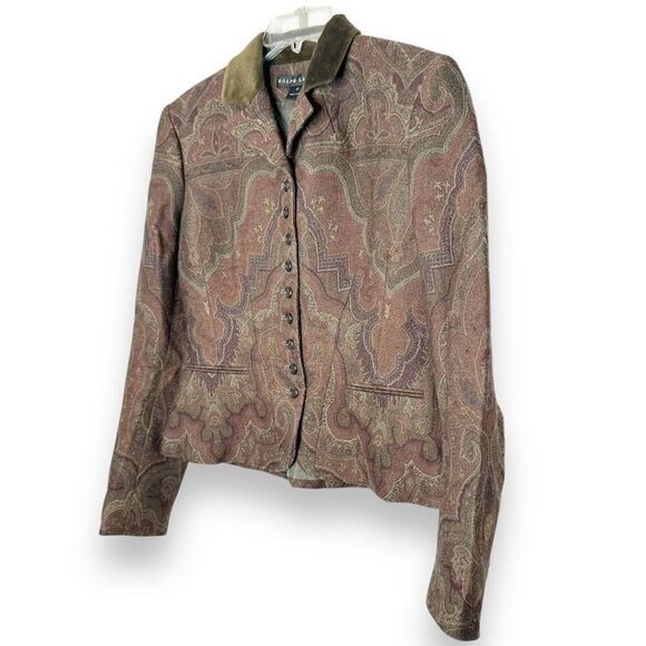 RALPH LAUREN Black Label Jacquard Print Jacket Blazer with Velvet Collar Size 10 - Picture 4 of 11